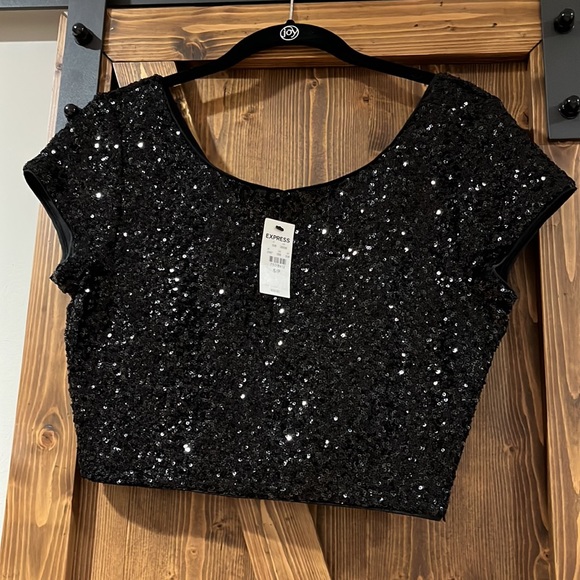 NWT Express Black Sequin Short Sleeve Crop Top - Picture 4 of 7
